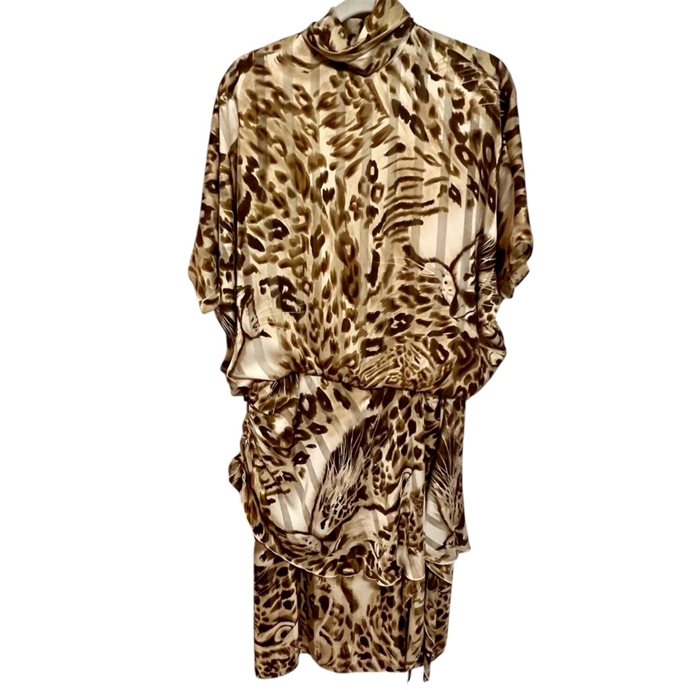 Vintage Dress by Melody Ann Fashions Sz-Small Brown‎ Animal Print Layers Hi-Neck